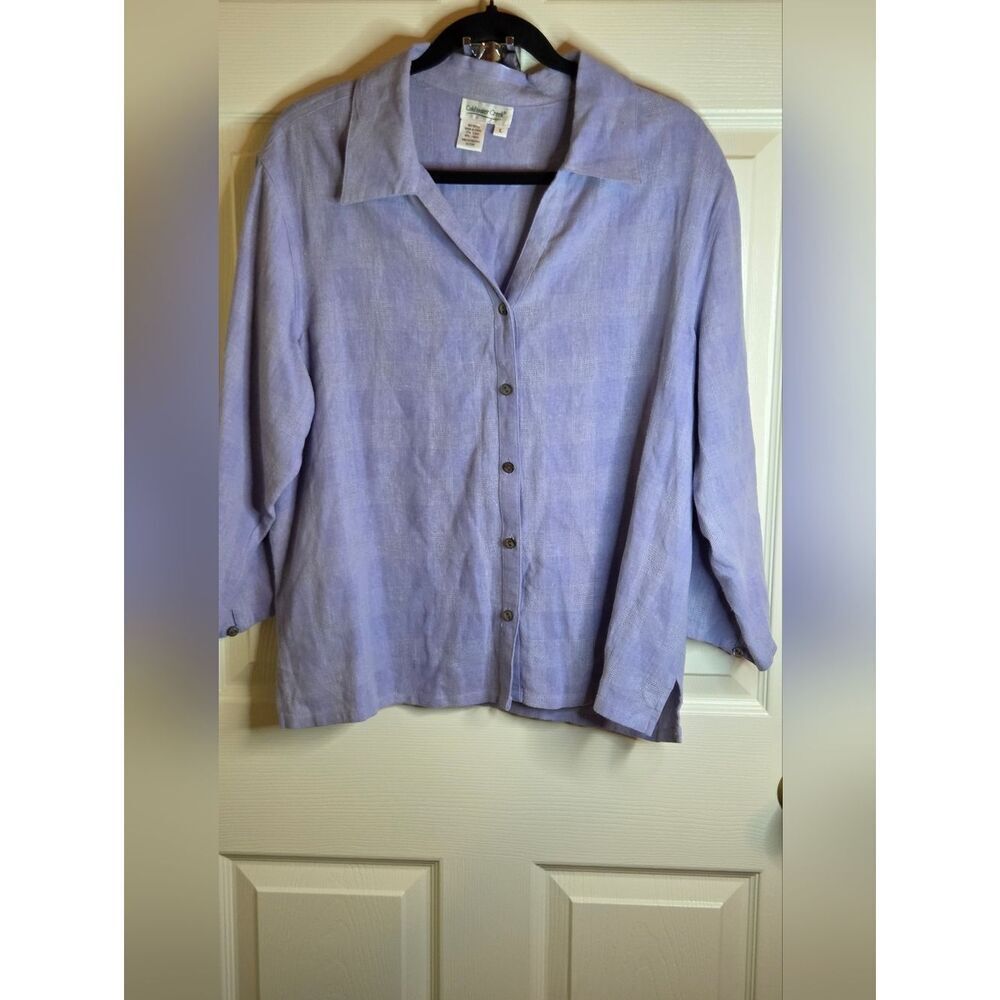 Coldwater Creek Lavender LINEN Blend 3/4Slv Geometric Print Vneck Women Shirt